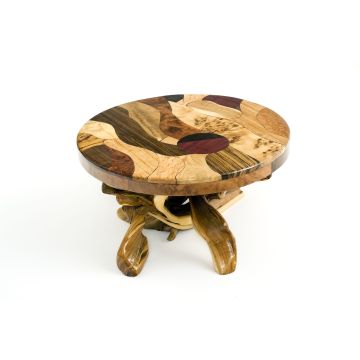 Artistic Mosaic Burl Wood Coffee Table with Juniper Base