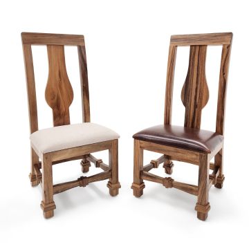 Golden Walnut Upholstered Dining Chair - Crème Linen Fabric (L) & Burnt Umber Cypress Leather (R)
