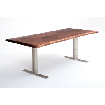 Contemporary Rustic Live Edge Dining Table - Black Walnut Table Top - Natural Clear Finish - Silver Steel Table Base