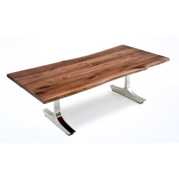 Contemporary Rustic Plank Dining Table - Live Edge Black Walnut Table Top - Natural Clear Table Top Finish - Silver Steel Table Base