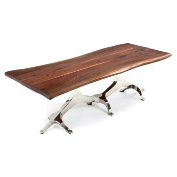 Mountain Modern Tree of Life Dining Table - Live Edge Black Walnut Table Top - Natural Clear Finish - Silver Steel Table Base