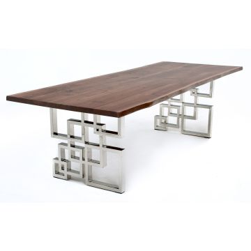 CUSTOM FINISH - Modern Geometric Natural Wood Dining Table - Live Edge Black Walnut Table Top - CUSTOM Jacobean Table Top Finish - Silver Steel Table Base