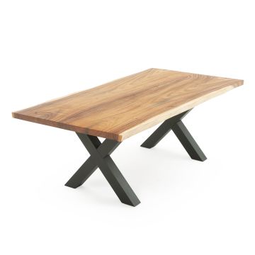 XX Hardwood Modern Dining Table - Live Edge Golden Walnut - Natural Clear Table Top Finish - Black Steel Table Base