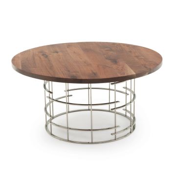 Contemporary Round Cage Dining Table - Flat Edge Black Walnut Table Top - Natural Clear Table Top Finish - Silver Steel Table Base