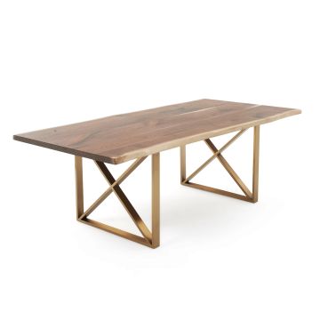 Metal X Hardwood Dining Table - Live Edge Black Walnut Table Top - Natural Clear Table Top Finish - Gold Steel Table Base