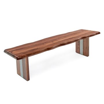Modern Live Edge Natural Wood Bench - Black Walnut - Silver Steel Inlay