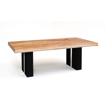 Rustic Urban Strip Dining Table - Golden Walnut Table Top & Ebony Mahogany Base - Silver Steel Inlays