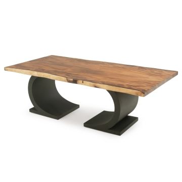 Modern Half Circle Natural Wood Dining Table - Live Edge Golden Walnut Table Top - Natural Clear Table Top Finish - Black Steel Table Base