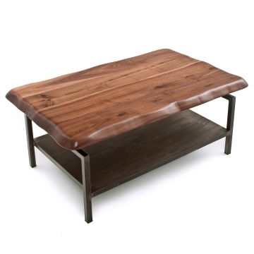 Modern Industrial Natural Wood Coffee Table - Live Edge Black Walnut Top - Natural Clear Finish