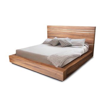 Modern Chic Wood Platform Bed - Golden Walnut w/ Silver Steel Accents