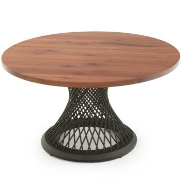 Modern Twisted Spoke Hardwood Dining Table - Flat Edge Black Walnut Table Top - Natural Clear Table Top Finish - Black Steel Table Base