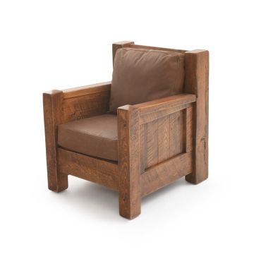 River Rustic Barnwood Lounge Chair - Antique Barnwood Finish - Brown Genuine Leather Cushions