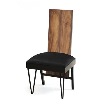 Urban Rustic Golden Walnut Upholstered Dining Chair - Black Leather Seat - Metal Hairpin Legs