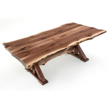 Rustic Live Edge Wood Slab Trestle Dining Table - Black Walnut Table Top - Natural Clear Finish