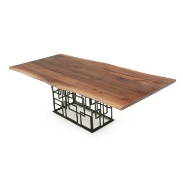 Geometric Live Edge Natural Wood Dining Table - Black Walnut Table Top - Natural Clear Table Top Finish - Black Steel Table Base