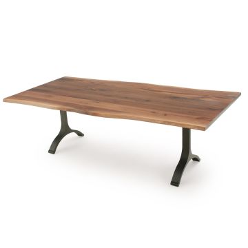 Contemporary Crescent Solid Wood Dining Table - Live Edge Black Walnut Table Top - Natural Clear Table Top Finish - Black Steel Table Base