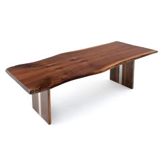 CUSTOM FINISH - Modern Live Edge Natural Wood Dining Table - Book-Match Black Walnut Table Top - CUSTOM Provencial Finish - Silver Steel Base Inlay