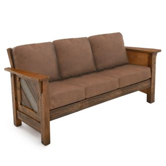 River Rustic Bourbon Smoke Barnwood Sofa - Brown Genuine Leather Cushions
