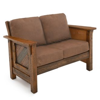 River Rustic Tobacco Road Barnwood Loveseat - Brown Genuine Leather Cushions